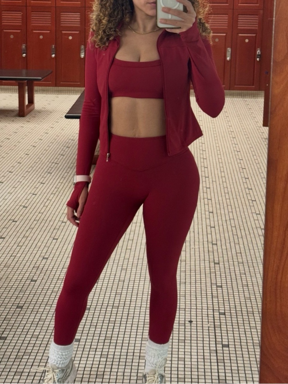 Red Matching 3 Piece Athleisure Set Jacket Leggings Sports Bra - Picture 2 of 16